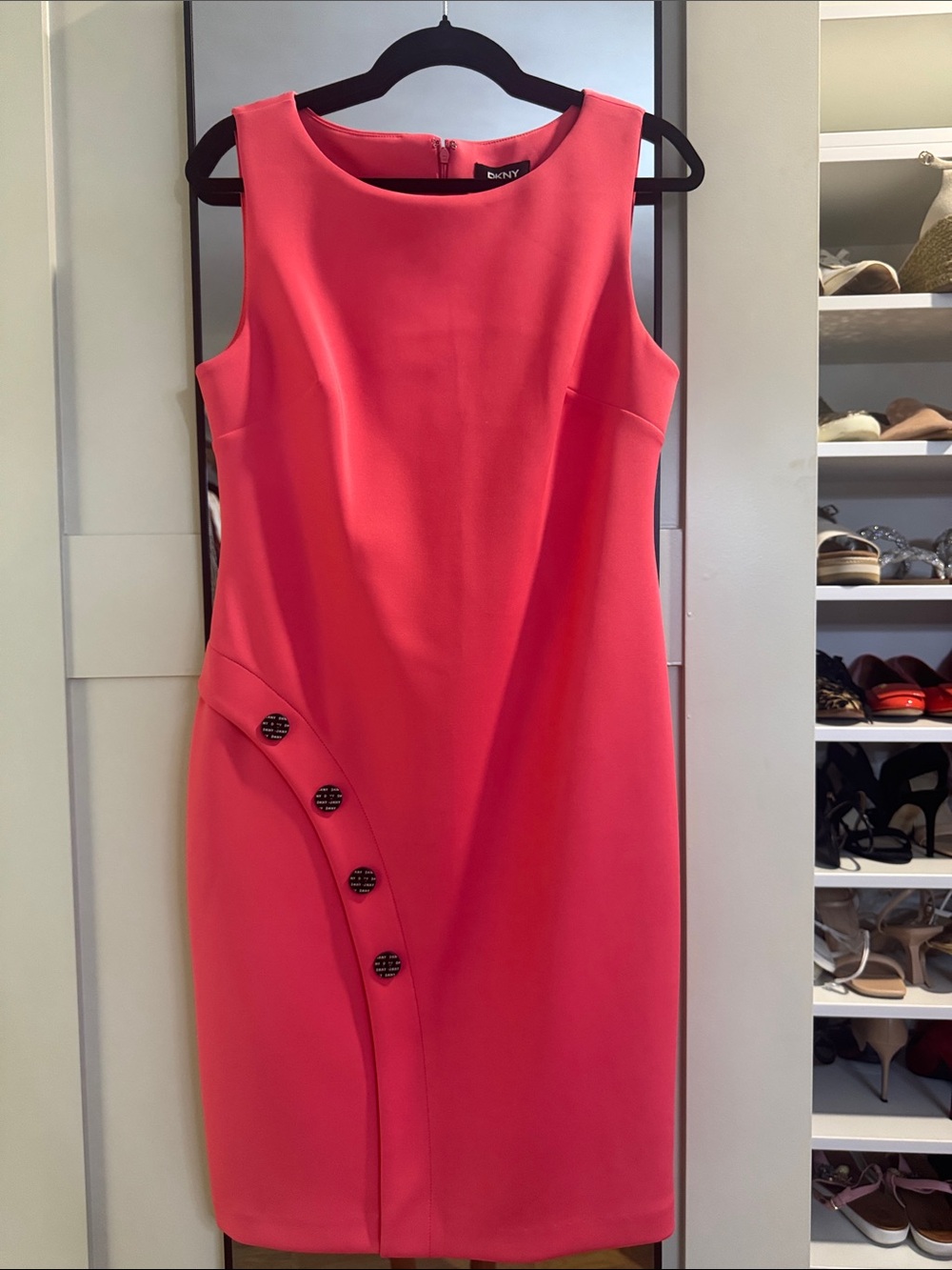 DKNY Coral-Pink Sleeveless Sheath Dress with Decorative Buttons
